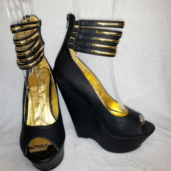 Mona Mia Desideria Platform Ankle Cuff Peep Toe High Heel Wedge Shoe Black - Picture 1 of 7